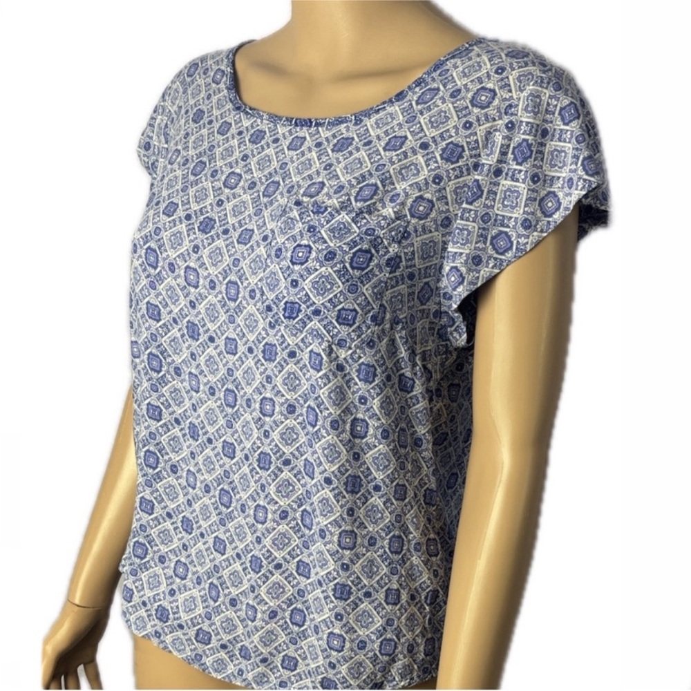 Blue Patterned Popover Hi-Lo Top Flouncy Cap Sleeves handkerchief pocket